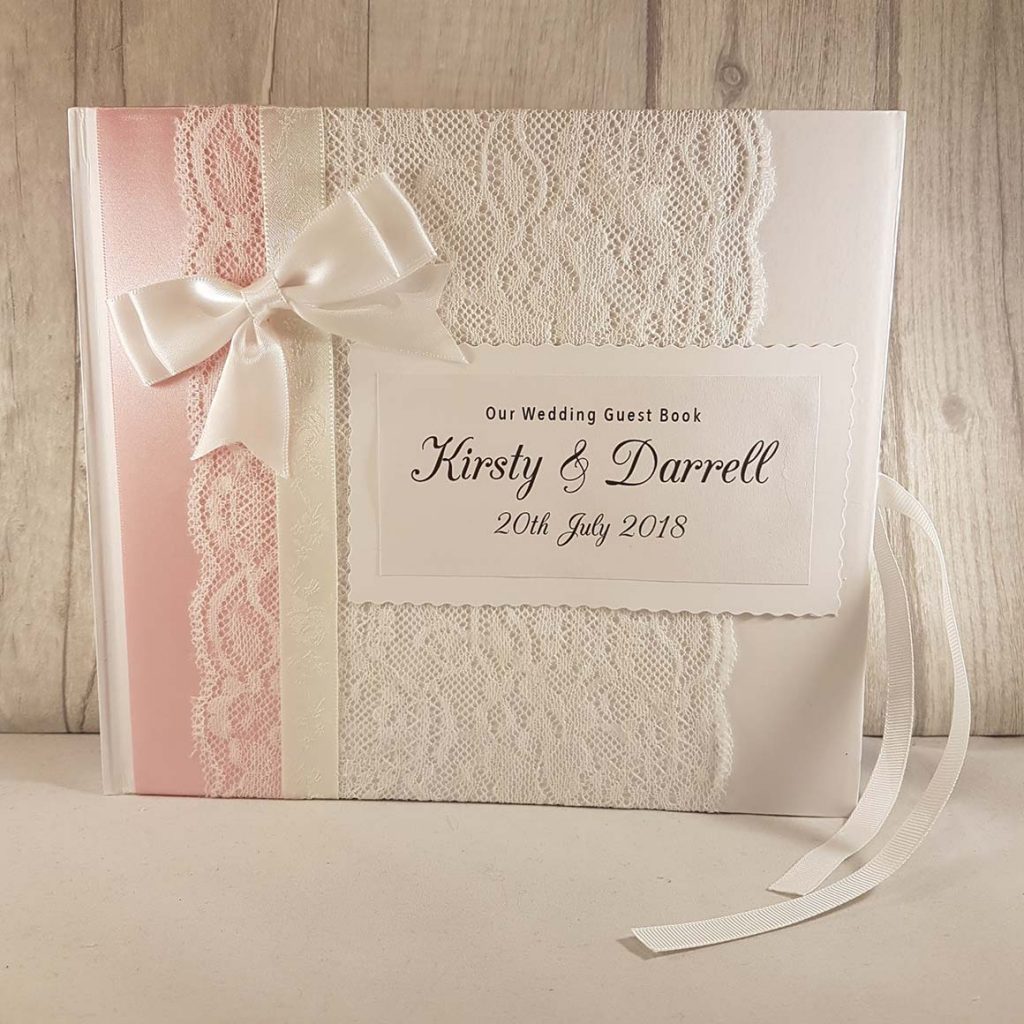Large Personalised wedding guest book with baby pink ribbon
