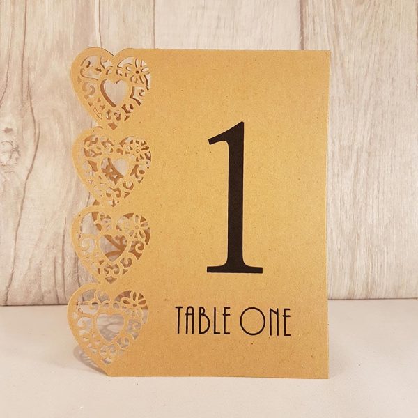 Table Numbers, Heart Laser Cut, Brown