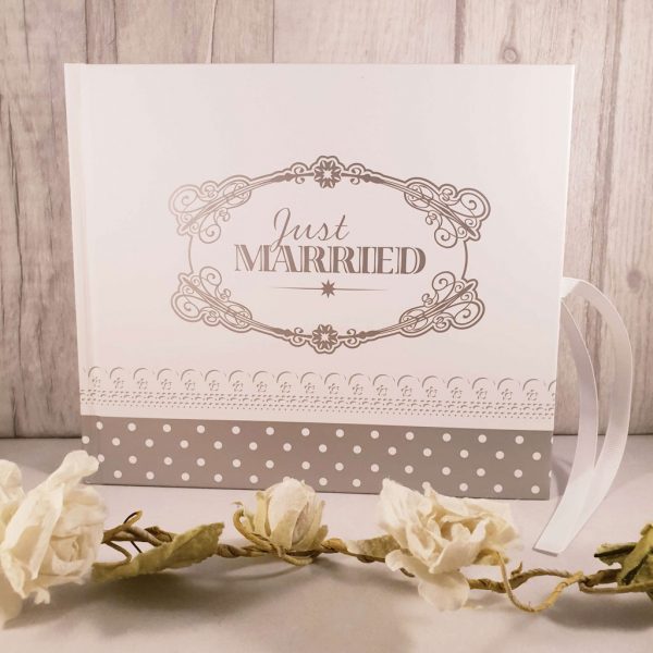 Just Married Premade Guest Book - White & Silver