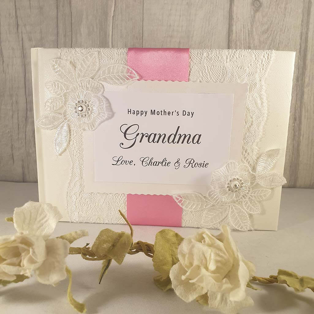 Personalised photo Mothers Day guest book with light pink ribbon