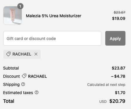 malezia discount code rachael for 20% off