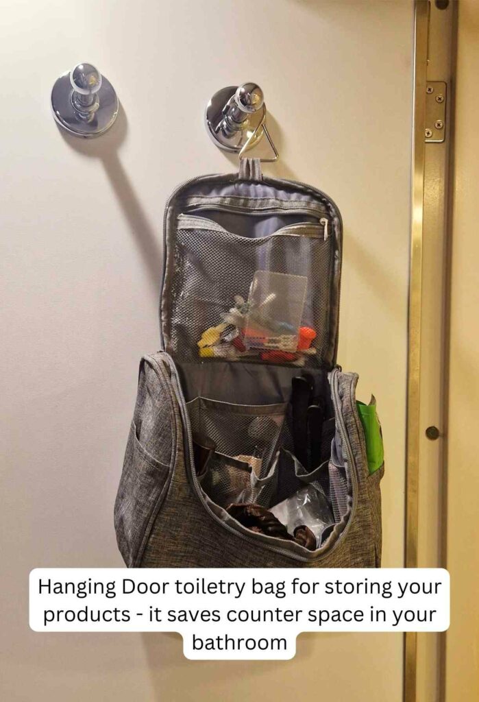 A hanging door toiletry bag is SO useful for reducing clutter in your bathroom