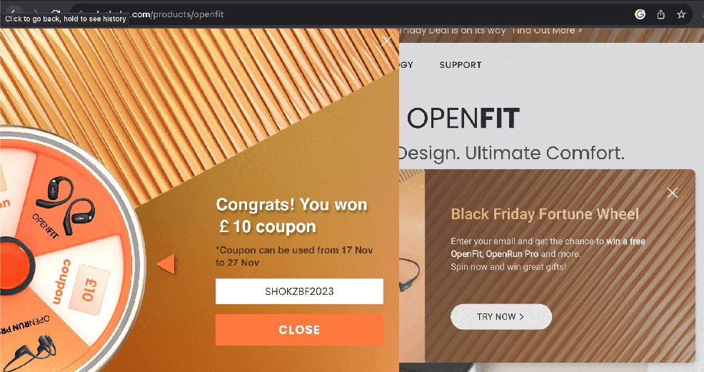 Shokz Openfit are currently offering you a chance to spin a wheel to win Openfit or discounts