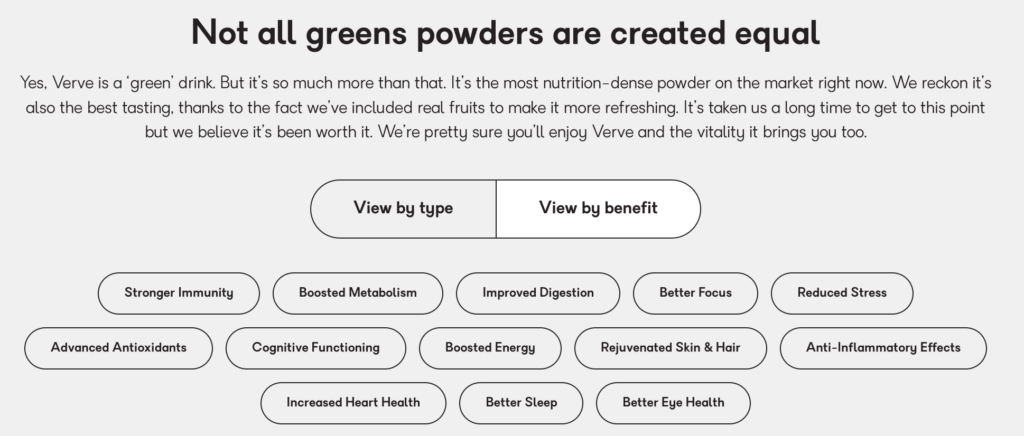 Verve ingredients filter available by benefit, including energy, focus etc