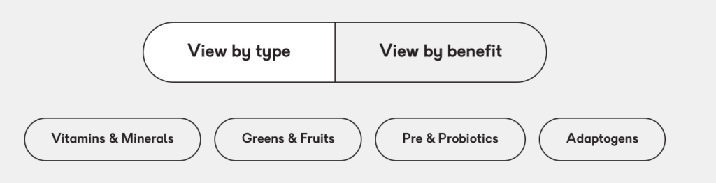 Verve ingredients filter available by benefit, including adaptogens, probiotics, vitamins/minerals 